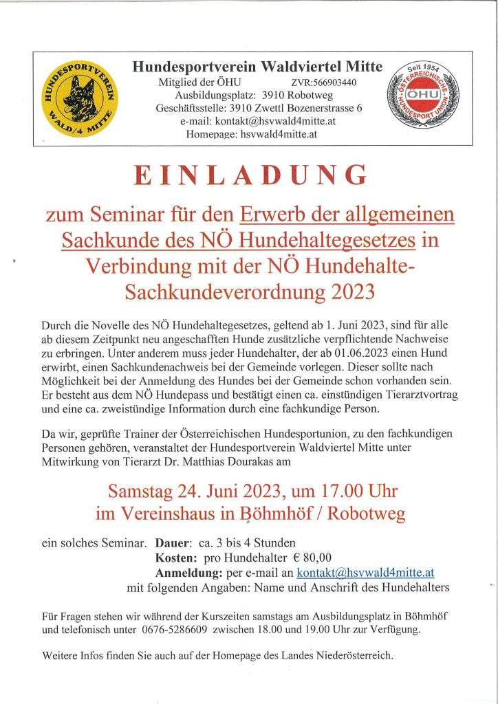 Seminar für den Erwerb des Hundepasses lt. NÖ Hundehaltegesetz