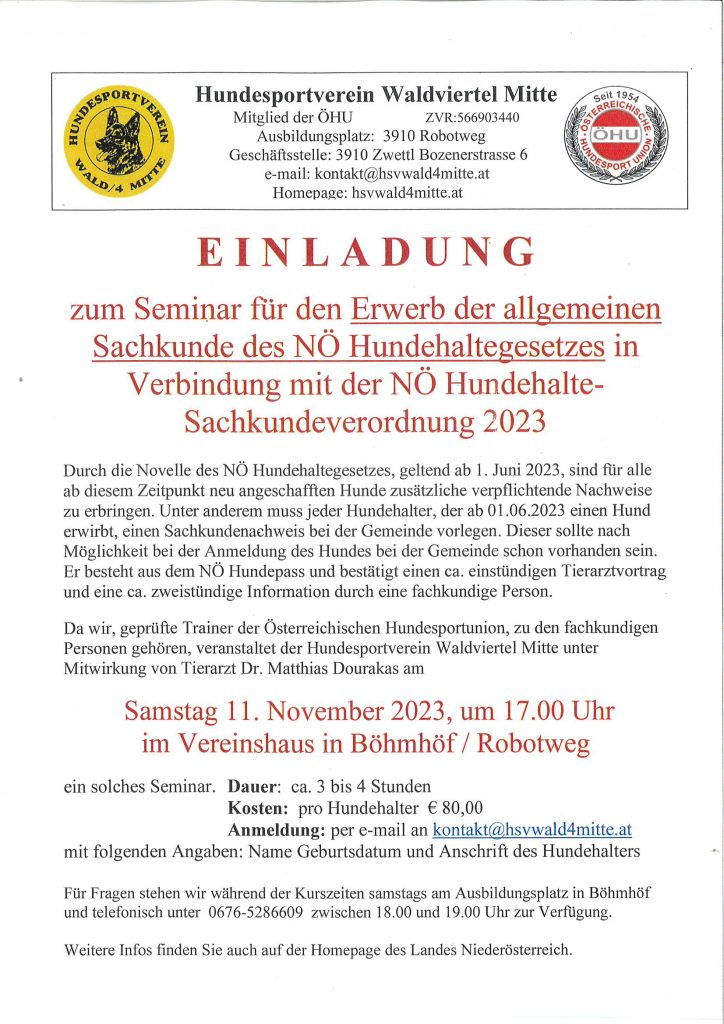 NÖ Hundehaltegesetz – Seminar Allgemeiner Sachkundenachweis