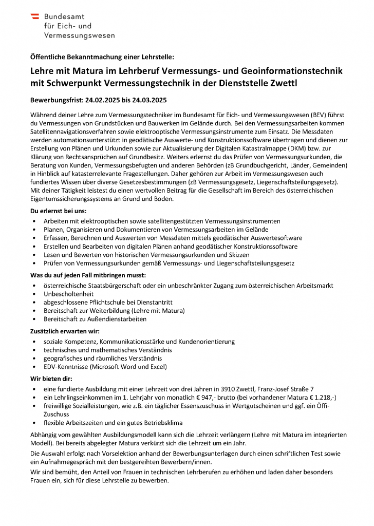 Lehrstelle im (Lehre mit Matura) Vermessungsamt Zwettl