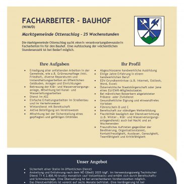 Stellenausschreibung der Marktgemeinde Ottenschlag: Facharbeiter (w/m/d) – Bauhof