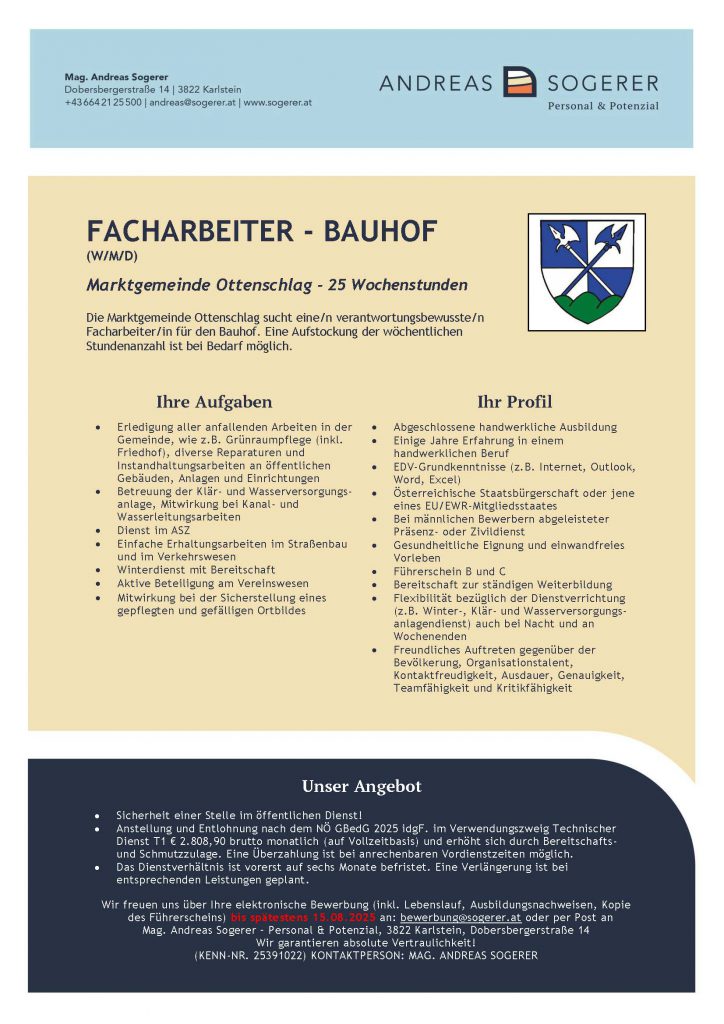 Stellenausschreibung der Marktgemeinde Ottenschlag: Facharbeiter (w/m/d) – Bauhof