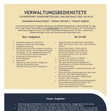 Stellenausschreibung Gemeindeverband Zwettl: Verwaltungsbedienstete Vollzeit/Teilzeit möglich