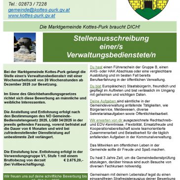 Die Marktgemeinde Kottes-Purk braucht DICH! – Stellenausschreibung einer/s Verwaltungsbedienstete/n