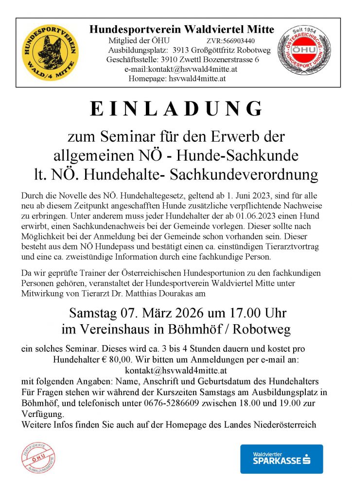 Seminar für den Erwerb der allgemeinen NÖ-Hunde-Sachkunde 07.03.2026