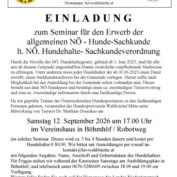Seminar für den Erwerb der allgemeinen NÖ-Hunde-Sachkunde 12.09.2026