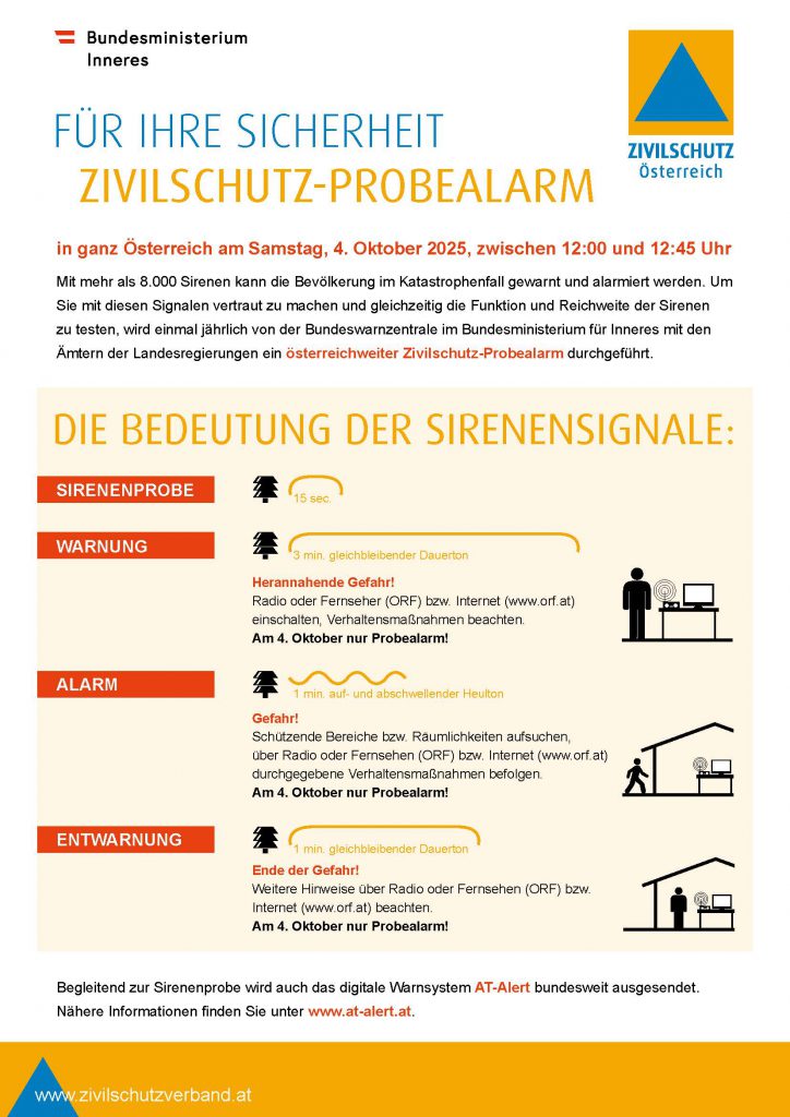 Zivilschutz-Probealarm am Samstag, 04. Oktober 2025 zw. 12:00 und 12:45 Uhr