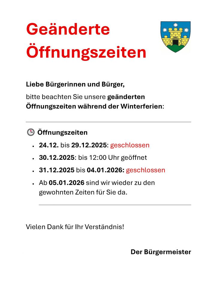 Geänderte Öffnungszeiten während der Winterferien