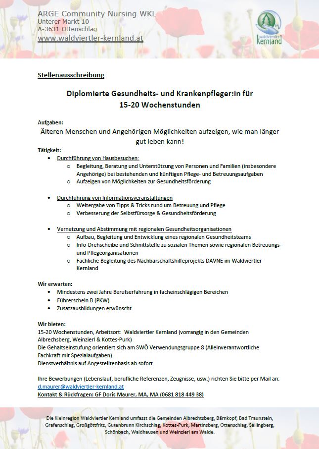 Stellenausschreibung “Diplomierte Gesundheits- und Krankenpfleger:in für 15-20 Wochenstunden”