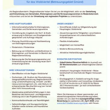 Stellenausschreibung: Regionalberater/in – NÖ Dorf- und Stadterneuerung