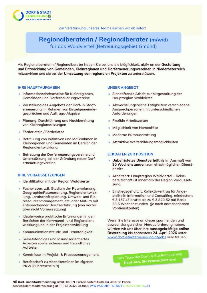 Stellenausschreibung: Regionalberater/in – NÖ Dorf- und Stadterneuerung