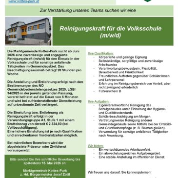 Stellenausschreibung Reinigungskraft für die Volksschule (m/w/d)