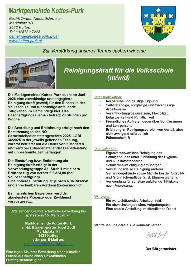 Stellenausschreibung Reinigungskraft für die Volksschule (m/w/d)