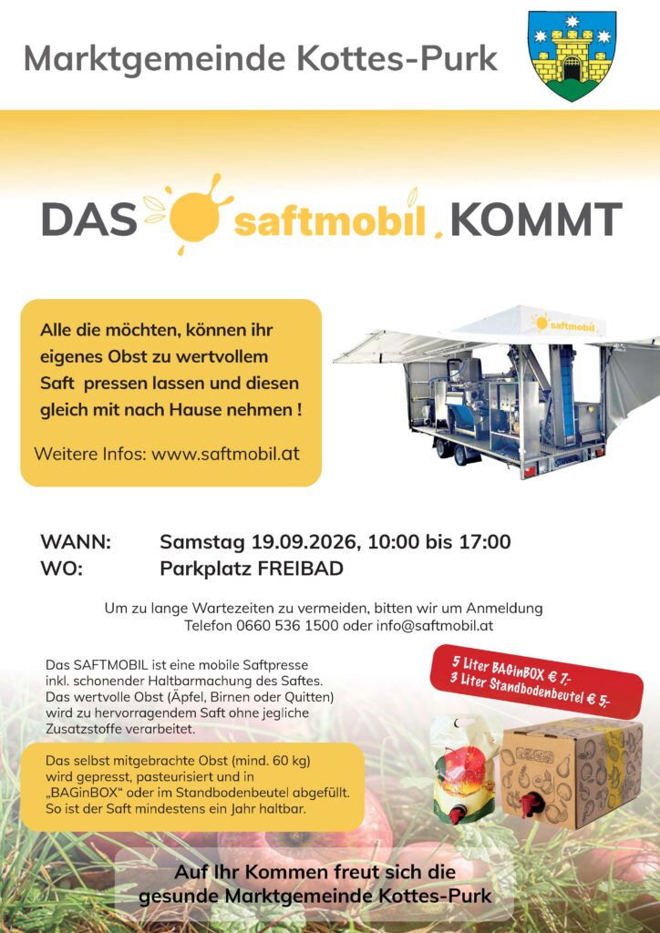 Das Saftmobil kommt in unsere Gemeinde – eigenes Obst zu köstlichen Saft verarbeiten